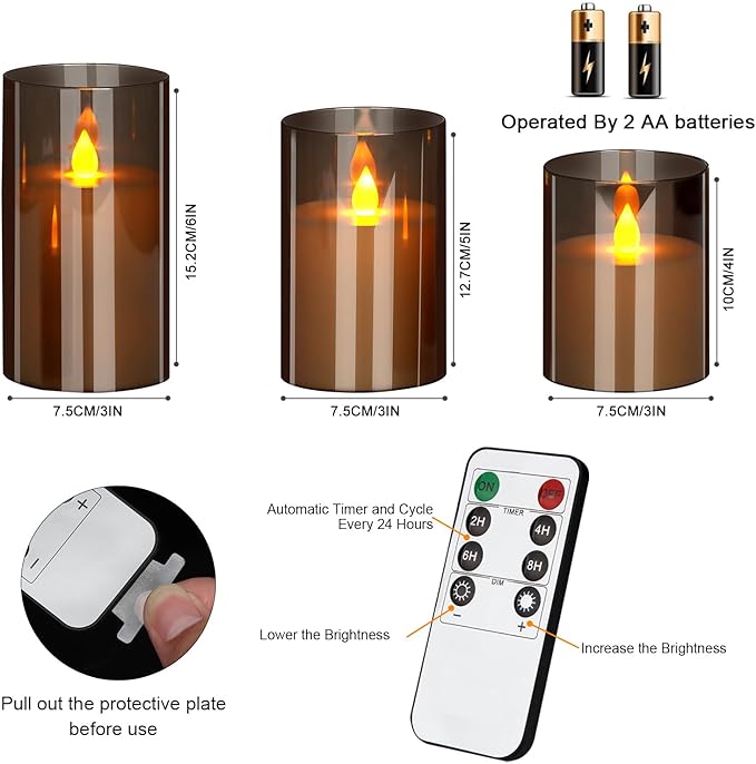 Flameless Candles 4" 5" 6" Set of 3 Acrylic Glass Pillars 3" Diameter Battery Operated Flickering Candles Include 8-Key Remote with Timer Function 400+ Hours (Gray, 3 Pack)