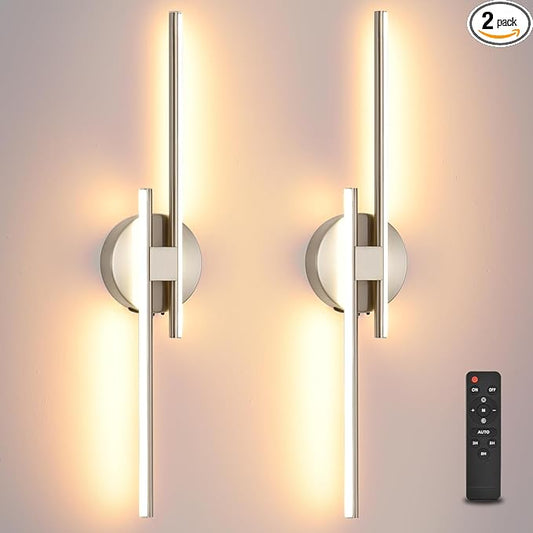 Battery Operated Wall Sconce Set of 2, Brushed Nickel 23.6" 3000K-6500K Dimmable Wall Sconces with Remote Control, Wireless Wall Light Rechargeable for Bedroom Hallway Living Room Background