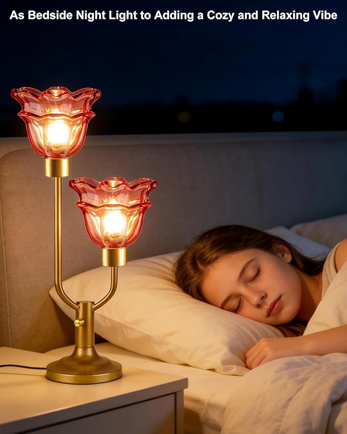 Lightdot Mid Century Modern Flower Table Lamp Gold Dimmable U-Shaped Deep Red Glass Desk Lamps with 2Pcs 3000K Warmwhite Bulbs Included Bedside Nightstand Lamp for Living Room Bedroom