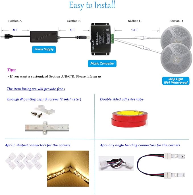 10FT 20FT 50FT 100FT 120FT 150FT 160FT 180FT 200FT 12V 60LEDs/M IP65 Waterproof RGB SMD 5050 LED Strip Light Flexible w/Music Sensed Controller & Power Supply (120)