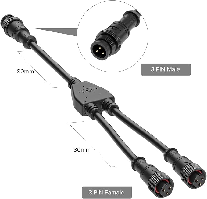BTF-LIGHTING 3 Core 3 pin Big Size IP67 Y Shape 1 Male-Divided-2 Female Splitter Connctor Black Plastics 0.75mm²/18AWG 22mm Metal Metal Nut Support All BTF-LIGHTING 3 pin Big Size IP67 Connectors