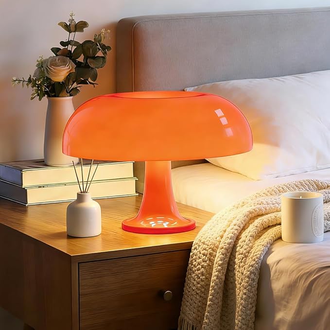Retro Orange Mushroom Lamp for Bedroom Nightstand Mid Century Modern Table Lamp Decor Aesthetic Lighting Dimmable Mushroom Shaped Donut Bedside Lamp with 3 Lighting Modes, Minimalist Home Decor