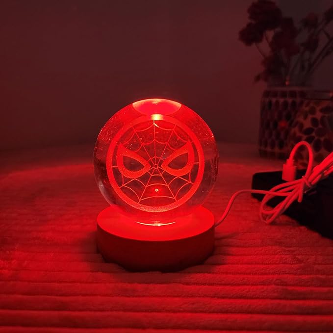 Marvel Spiderman Globe Light Crystal Orb Lamp with Color Changing LED Glow, USB Powered Night Light with Wooden Base, Decorative Ambient Accent Light for Bedroom, Desk, Kids Room Gift