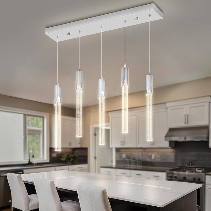 Flashing God 5-Lights Rectangular Pendant Lights for Kitchen Island Chrome Linear Crystal Chandelier Modern Chandeliers for Kitchen Island Dining Room