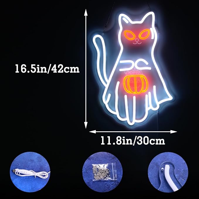 Cat Holding a Jack-o'-lantern Neon Light Sign Halloween Funny White Cat with Pumpkin Light for Trick-or-Treat Party Wall Decor All Saints' Day LED Light up