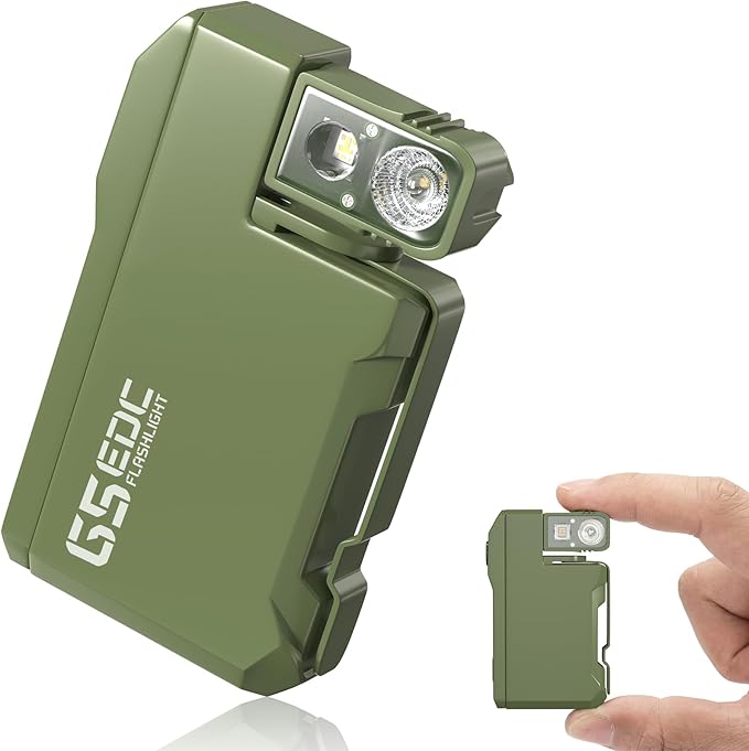 Rechargeable EDC Flashlight, 450 Lumens180° Rotatable Portable Flat Mini Pocket Flashlight, IPX6 Waterproof Multi-Mode RGB Magnetic Keychain Flashight for Home Working Camping Hiking Emergency (Green)