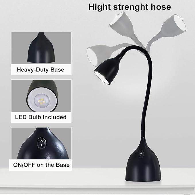 Desk Lamp for Home Office, LED Reading Light, Small Adjustable Flexible Gooseneck Table Lamp, Eye-Caring Desk Lamp for College Dorm Room Study Lamp, Black