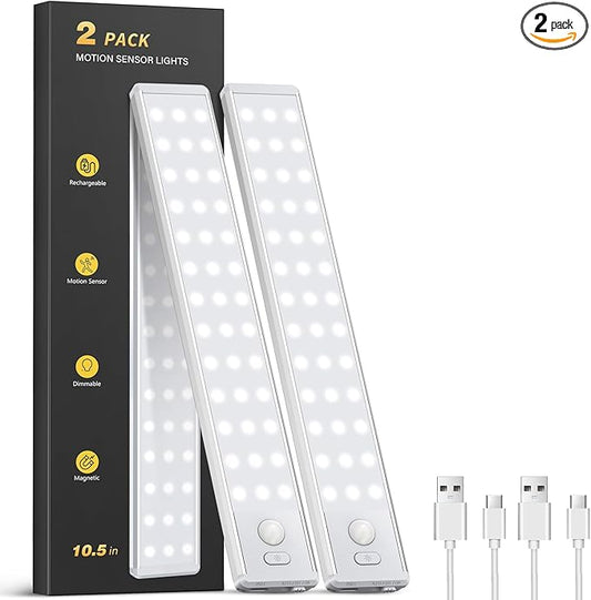 Under Cabinet Lighting - 10.5" Motion Sensor Light Indoor, Magnetic Wireless Closet Lights, Dimmable Led Night Light, Rechargeable Under Counter Lights for Kitchen, Bedroom, Stair, 2 Pack