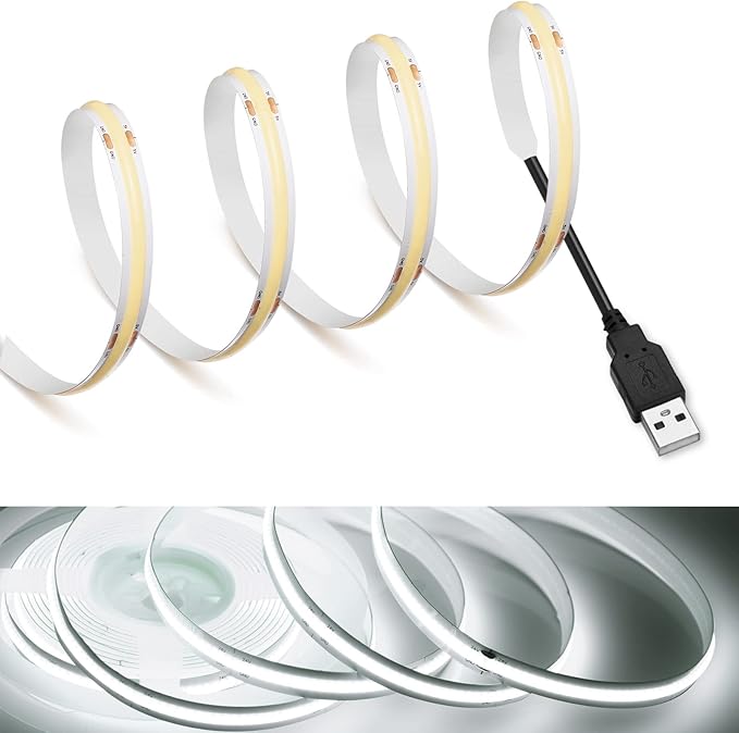 MDee】COB LED Strip Lights 6000K Cold White USB Powered 5V Flexible LED Tape Lights with USB Connector CRI 90+ 800LM/m 320LEDs/m for Indoor and Outdoor Décor（6000K Cold White 9.84ft/3m）