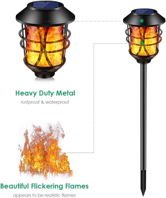 TomCare Solar Outdoor Lights Metal Flickering Flame Torches Waterproof Heavy Duty Pathway Landscape Lighting Dusk to Dawn Auto On/Off for Garden Patio Yard, 4 Pack