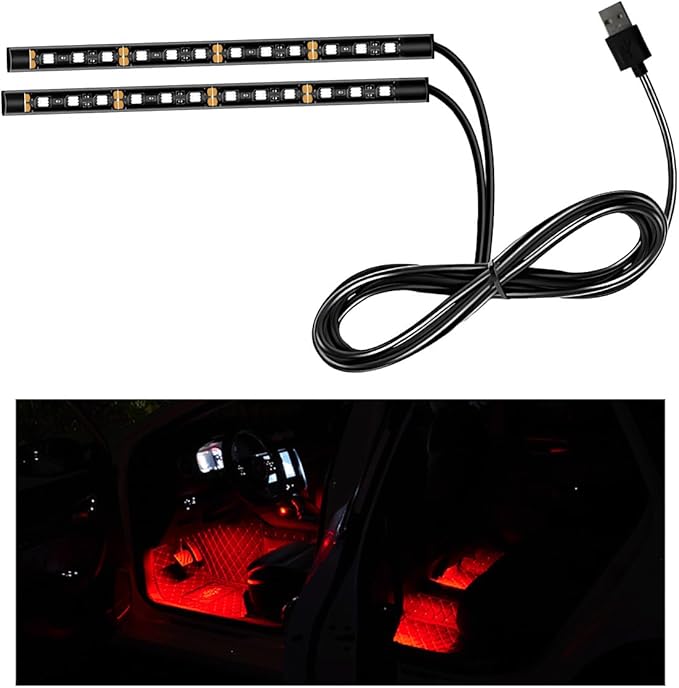 Car LED Strip Light, 24 LED RGB Auto Interior Atmosphere Lights, USB Vehicle Under Dash Ambient Night Light Strip, Interior Decorative Lamp Lighting Kit Car Accessories (Red)