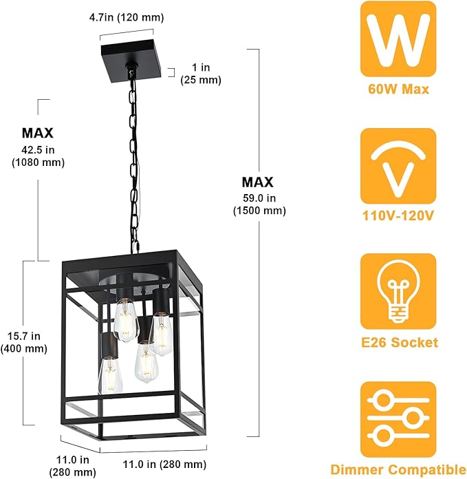 4-Light Outdoor Pendant Lights for Porch, Black Outdoor Chandelier 15.7'' Large Exterior Hanging Porch Light Fixtures with Clear Glass, Waterproof Outside Pendant Lantern for Garage Foyer