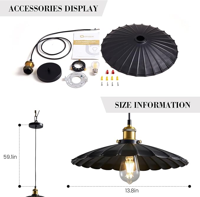 Kitchen Pendant Lights, Black Hanging Lamp for Hallway 13.8 Inch Metal Lampshade Farmhouse Pendant Lights Kitchen Island Vintage Pendant Lighting for Kitchen Island