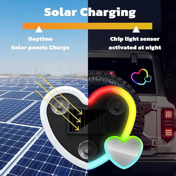 Car LED Ambient Lighting - 7 Colors 8 Modes RGB Solar Powered&USB Charging Two Heart-Shaped Neon Light for Window Car Interior Light Decoration IP65 Waterproof(1Pcs)