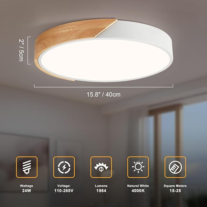 Vikaey Modern LED Ceiling Light, Minimalist Wood Flush Mount Ceiling Light Fixture, 4000K Not Dimmable, Circle Lighting Lamp with Acrylic Lampshade for Bedroom Dining Room Laundry (White, 15.8'')