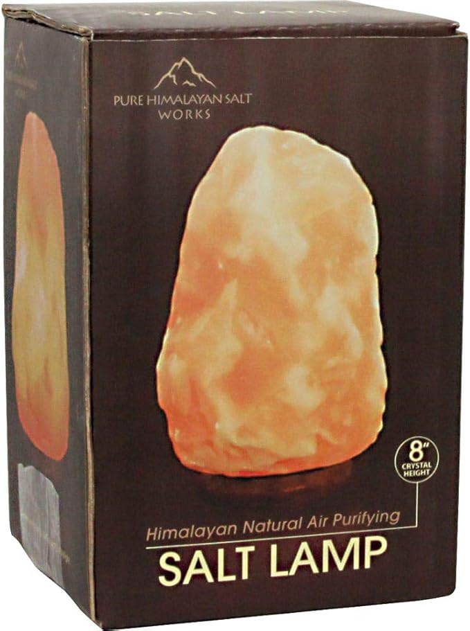 Works 100% Natural Himalayan Salt Lamp, Pink Crystal Salt Lamp with Wooden Base, Includes 15W Bulb and 6-Foot Cord with On/Off Switch, 9-13.5 Lbs, 8” H
