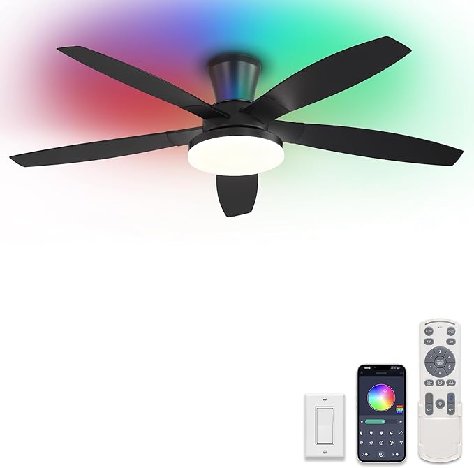 ZMISHIBO 52 inch RGB Ceiling Fans with Lights and Remote/APP Control,Black Low Profile Ceiling Fan with Quiet DC Motor,LED Dimmable, Modern Flush Mount Ceiling Fan for Bedroom Indoor,Party, Patio
