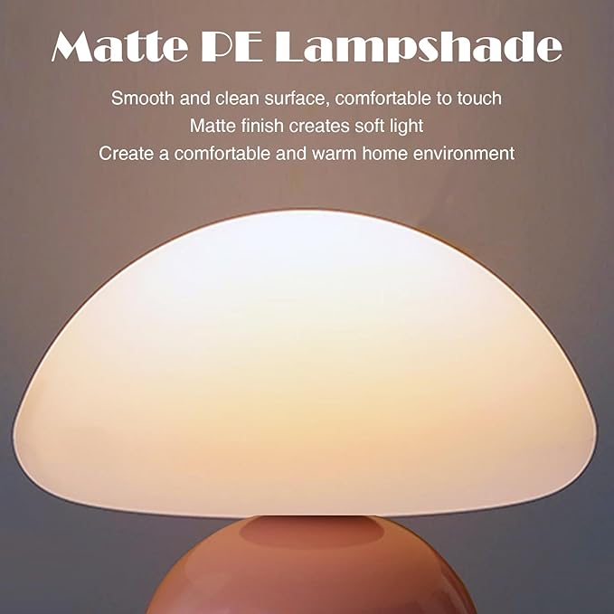 Cute Small Mushroom Lamp, PE Lampshade, Ceramic Base, Adjustable Light Color and Brightness with Power-Off Memory, Safe USB Powered, LED Mushroom Light for Bedroom Living Room (Pink)