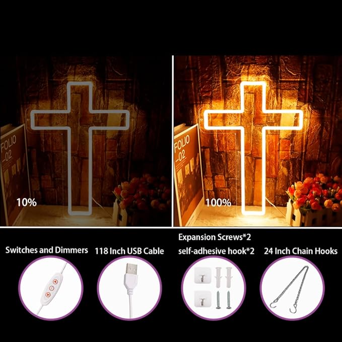 Christ Jesus Cross Neon Sign for Wall Decor USB Powered Dimmable Led Light Up Signs for Bedroom Men Cave Christening Day Baby Shower Decor Xmas Easter Christian Gifts for Religious Kids