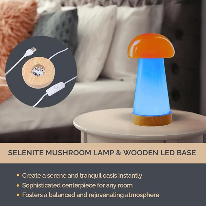 Wish Well Mushroom Selenite Lamp with 7 Color LED Wooden Base - 6” Mushroom Selenite Tower Healing Crystals for Zen Decor, Spiritual Room Decor, Energy Healing, and Protection Crystals