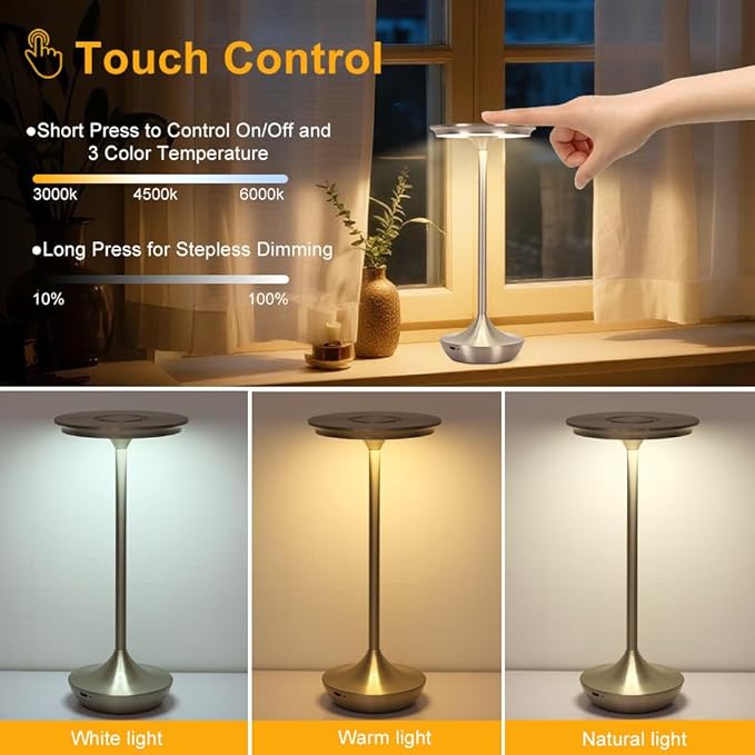 Rechargeable Cordless Table Lamp,Portable Outdoor Battery Operated LED Table Light Touch Control 3 Color Dimmable for Bedroom, Patio, Cofee,Dining Home,Restaurant&Living Room-Silver