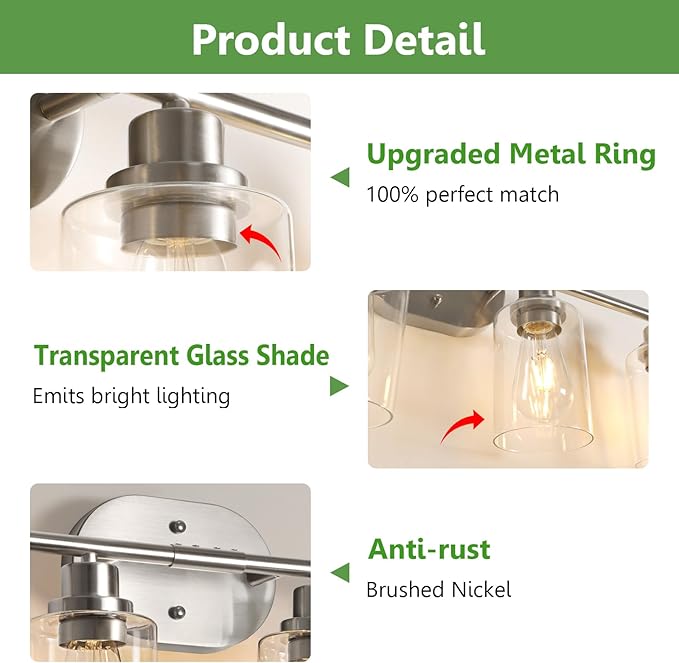 Ascher 4-Light Bathroom Light Fixtures, Modern Vanity Lights with Clear Glass Shade, Brushed Nickel Wall Lamp for Bathroom Mirror Hallway Cabinet Porch