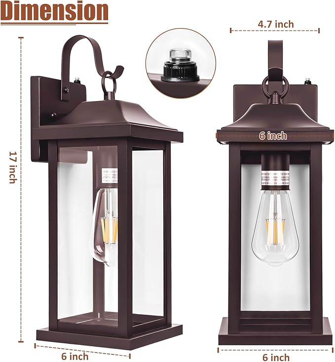 Dusk to Dawn Outdoor Lighting for House 17 Inch Large 1-Pack, Oil Rubbed Bronze Exterior Light Fixture for Front Porch Light with Clear Tempered Glass Waterproof Outside Wall Mounted Lamp