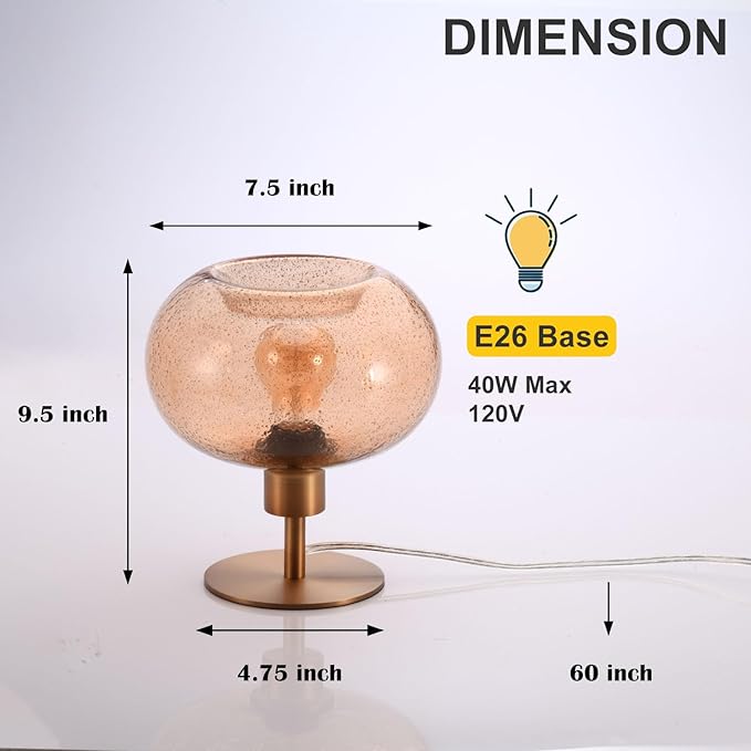 Mid Century Glass Table Lamp,Dimmable Desk Lamp,LED Bulb Included,Timer Build-In,Cognac Amber Seeded Glass
