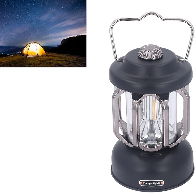 Retro Camping Lantern, Rechargeable LED Tent Lamp with 3 Light Modes, Dimmable Vintage Camping Light with Hook, USB Type C Portable Lantern for Garden Outdoor (Black)