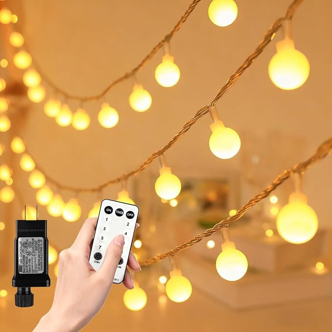 65.6ft Warm White Globe String Lights, 150 LED with 16ft Extended Lead Wire & Remote, 8 Modes, IP44 Waterproof Plug in Linkable Lights for Outdoor Indoor Party Wedding