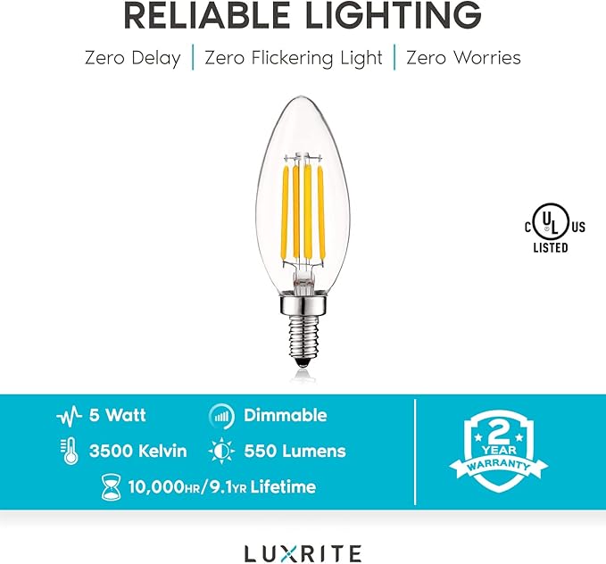 LUXRITE Vintage Candelabra LED Bulb 60W Equivalent, 550 Lumens, 3500K Natural White, Chandelier Light Bulbs 5W, Dimmable, Clear Glass, Filament Candle Bulbs, UL Listed, E12 Base (12 Pack)