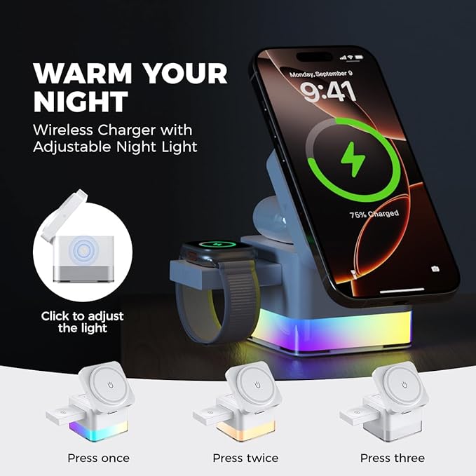 15W Magnetic Wireless Charging Station,XO 3-in-1 Wireless Charging Station with Night-Lamp for Phone 16/15/14/13/12,Watch,air-pods,Fast Charge Multiple Devices