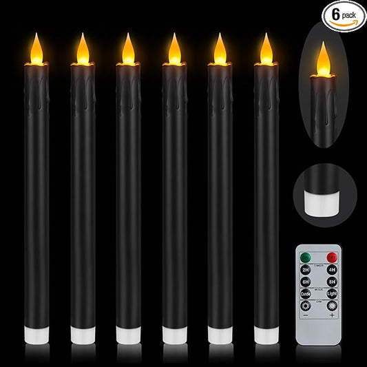 Flameless Taper Candles 10.6" Dripless Battery Operated Taper Candles Included Remote Timer 400+ Hours by 2AA Batteries for Halloween Christmas Wedding (Black, 6 Pack)