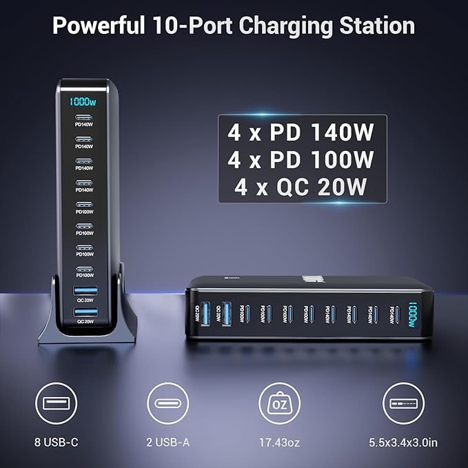 1000W USB C Charging Station, 10-Port USB C Charger Block, PD 140W PD 100W QC 20W GaN Ⅲ Fast USB Charger for MacBook, Ipad, iPhone, Samsung