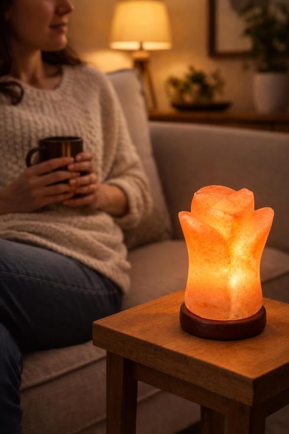 HL Himalayan Pink Salt Flower Shape lamp Wooden Base with dimmer Switch and a Pair of 15W Bulbs. Unique Gift Idea