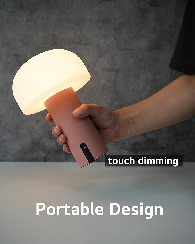 Cordless Mushroom Table Lamp, Waterproof Shower Lamp, Battery Operated Table Lamp Rechargeable, Touch Dimmable Night Light for Bedroom/Patio/Camping/Dinning/Outdoor (Pink)