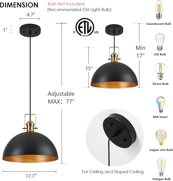 18 Inch Large Pendant Lights for Kitchen Island Matte Blacks Farmhouse Pendant Light fixtures Adjustable Height Dome Hanging Light for Dinning Room Bedroom Hallway,1 Pack