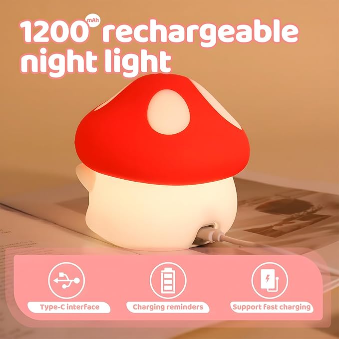 Mushroom Night Light, Squishy Silicone Lamp - Tap Control 2 Brightness, 50H Battery & Auto Timer, Cute Easter Gifts for Kids, Bedside Nursery Desk Mushroom Decor