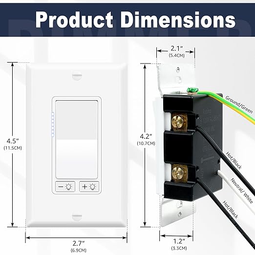 Greencycle 2 Pack Dimmer Light Switch, Single Pole or 3-Way, Compatible with 300W LED/CFL & 600W Incandescent/Halogen, 15A 120V, No Neutral Wire Required, UL Listed, Wall Plate Included, White