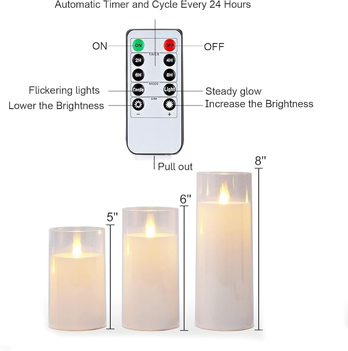 Homemory Pure White Flickering Flameless Candles, Battery Operated Acrylic LED Pillar Candles with Remote Control and Timer, Set of 9