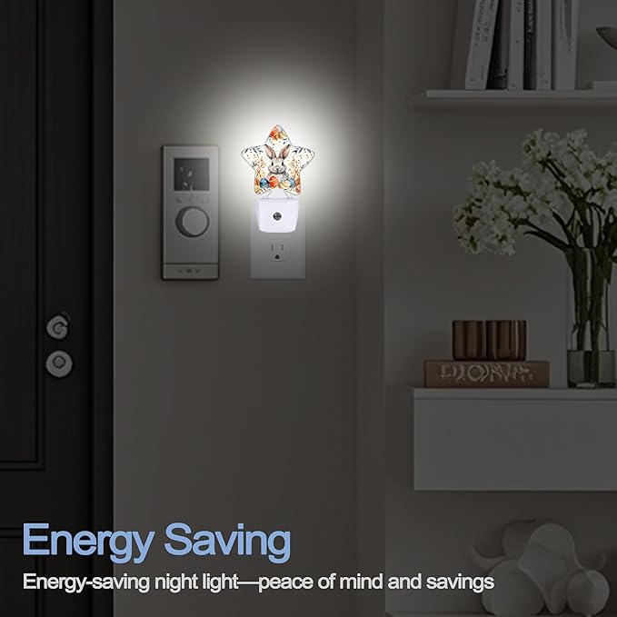 Night Light,Cute Easter Bunny Plug into Wall with Dusk to Dawn Light Sensors,Eggs Rabbit Warm Star Nightlights for Bedroom,Bathroom,Hallway,Kitchen Home Decor Desk Lamp