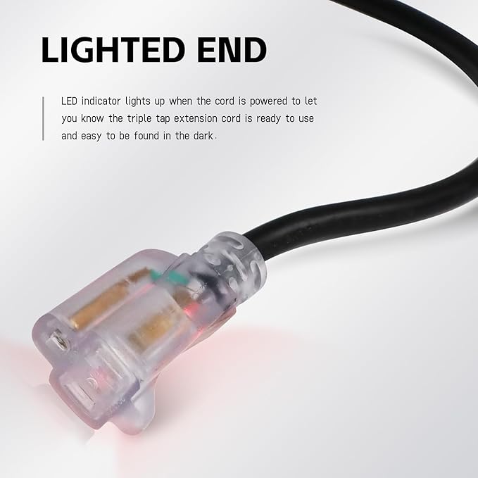 EP 25 Ft Outdoor Extension Cord, 12/3 SJTW Heavy Duty Waterproof Power Cable, 3 Prong Grounded Plug, Lighted End, for Lawn, Garden, Appliances, Black