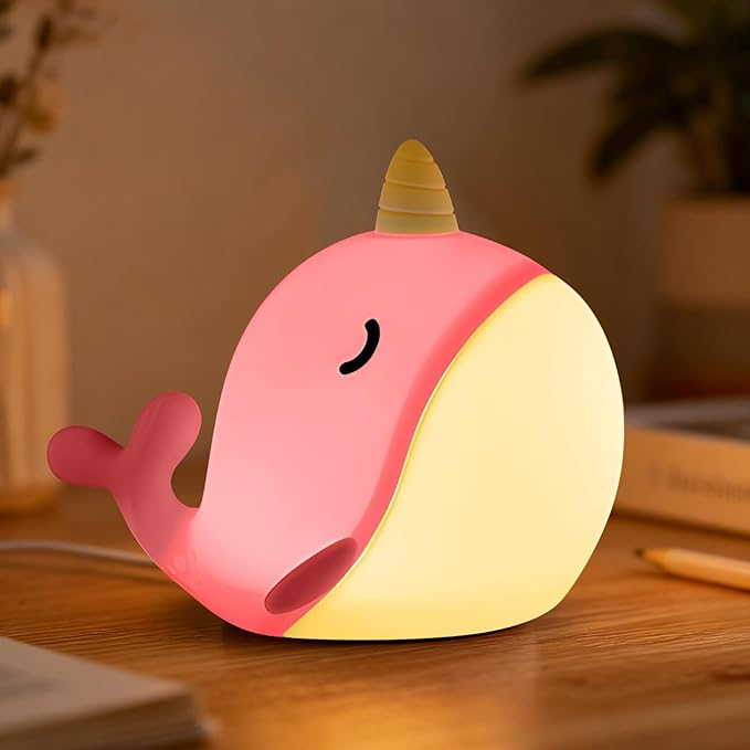 Cute Narwhal Night Light, Tap Control with 3 Warm White Brightness, USB Kids Bed Lamp with 30-Minute Timer, Soft Silicone Glow for Nursery, Birthday Gift (Pink Narwhal)