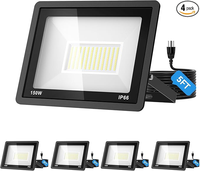 AIKVSXER 150W Flood Lights Outdoor, 21000lm Bright LED Work Light with 5FT Plug, 6000K Daylight White Exterior Security Light, IP66 Waterproof Floodlight for Yard Garage Stadium Lawn (150W-4 Pack)