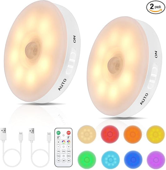 RGB LED Rechargeable Motion Sensor Night Light with Remote, Bright & Dimmable & Long-Lasting Battery, Stick-On Puck Light for Kitchen, Cabinet, Closet, Stairs - Warm & RGB, 2Pack