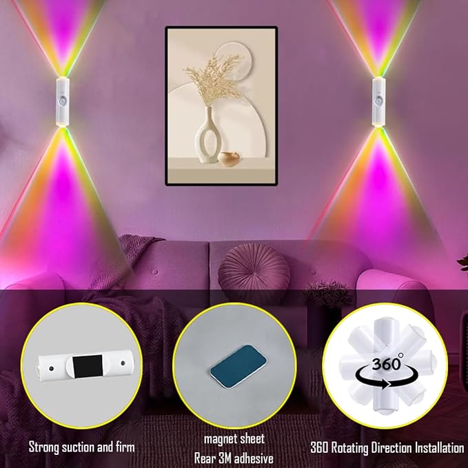 Portable Wall Mounted Night Light,USB Rechargeable Magnetic LED Wall Lamp,Motion Sensor Night Light,7-Color Battery-Powered Wall Lamp,For Hallways,Bedrooms,Bathroom,Living Room(White 2 pcs)