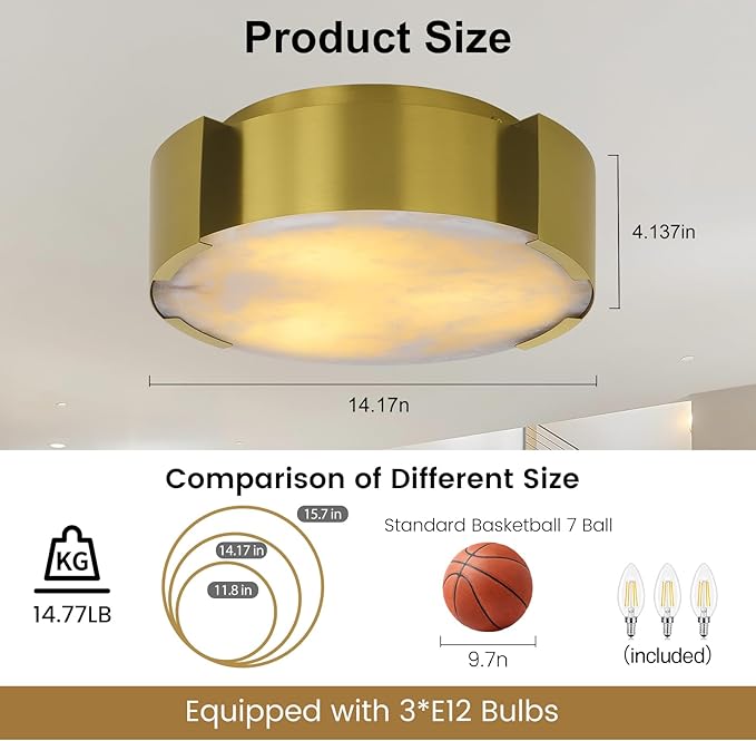 Modern Alabaster Ceiling Light,14.17in Gold Round Alabaster Flush Mount Ceiling Lights,Hardwired Natural Marble Kitchen Lighting Fixtures Ceiling for Bedroom,Dining,Living Room,Foyer,E12 Bulb Included