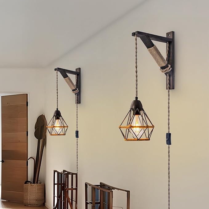 SEEBLEN Plug in Wall Light Sconce Set of 2,Farmhouse Wall Lamp with Plug in Cord On/Off Switch,Industrial Lamp with Metal Cage for Bedroom Headboard Living Room.