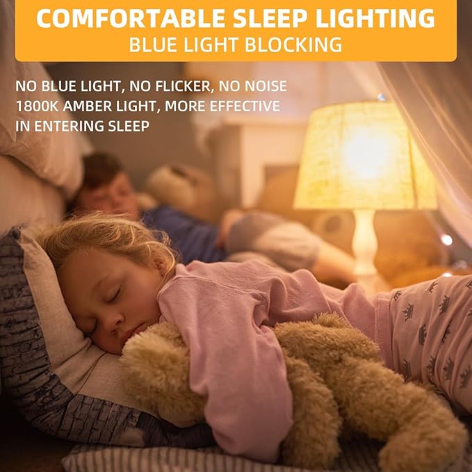 1800K Amber Sleep Light Bulbs - Blue Light Blocking, Dimmable A15 E26 LED Bulbs (3W, 25W Eqv) for Healthy Sleep, Bedroom & Nursery, 4 Pack