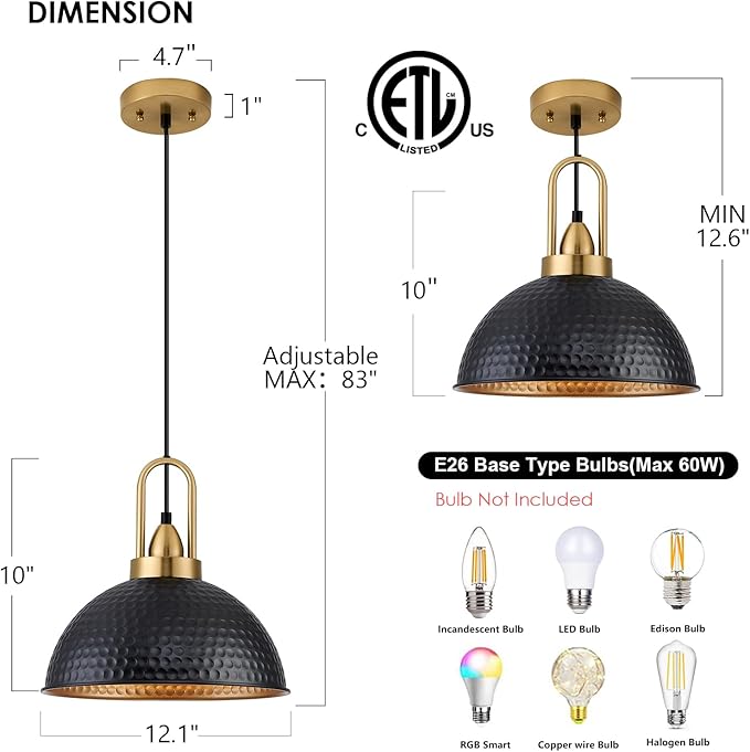 Black Pendant Lights Kitchen Island Industrial Adjustable Height Vintage Farmhouse Dome Hanging Light Fixtures for Barn, Dining Room 3 Packs